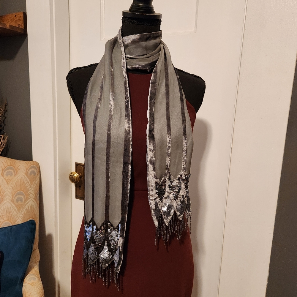 Talbots 2018 Holiday Edition Gray Sequined and Beaded Fringe Scarf/Sash